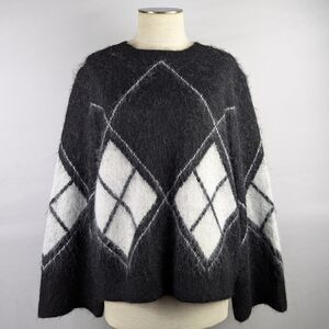 Magaschoni Argyle Sweater Teddy Bear Wool Blend Wide Cuffs Black White M NWT